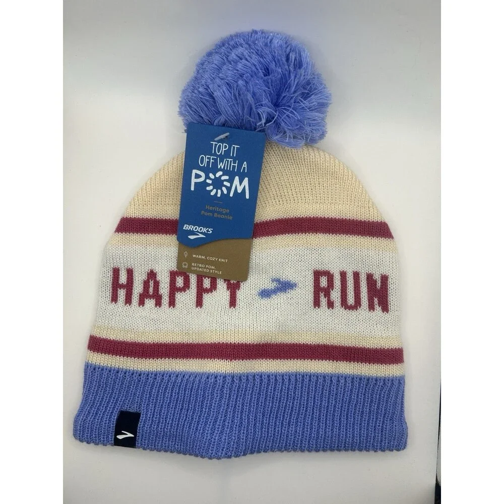 Brooks Run Happy Heritage Pom Beanie Sand Blue Red Unisex One Size NWT